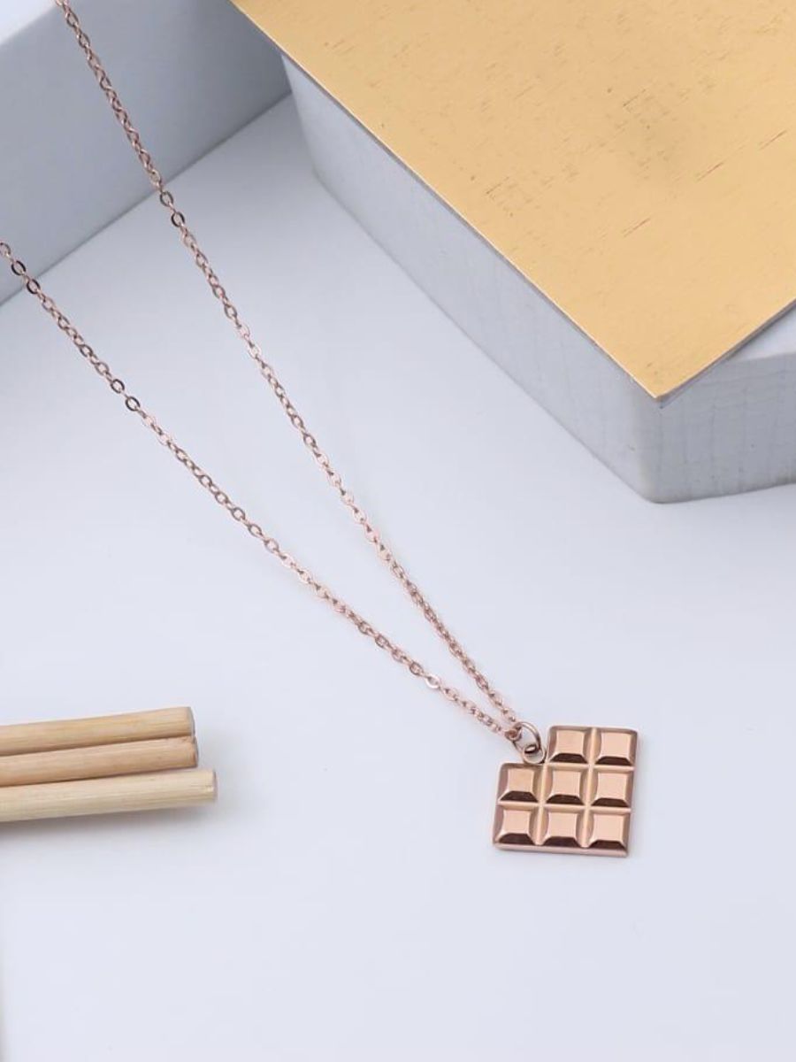 Rose Gold Plated Chocolate Bar Pendant Chain Necklace