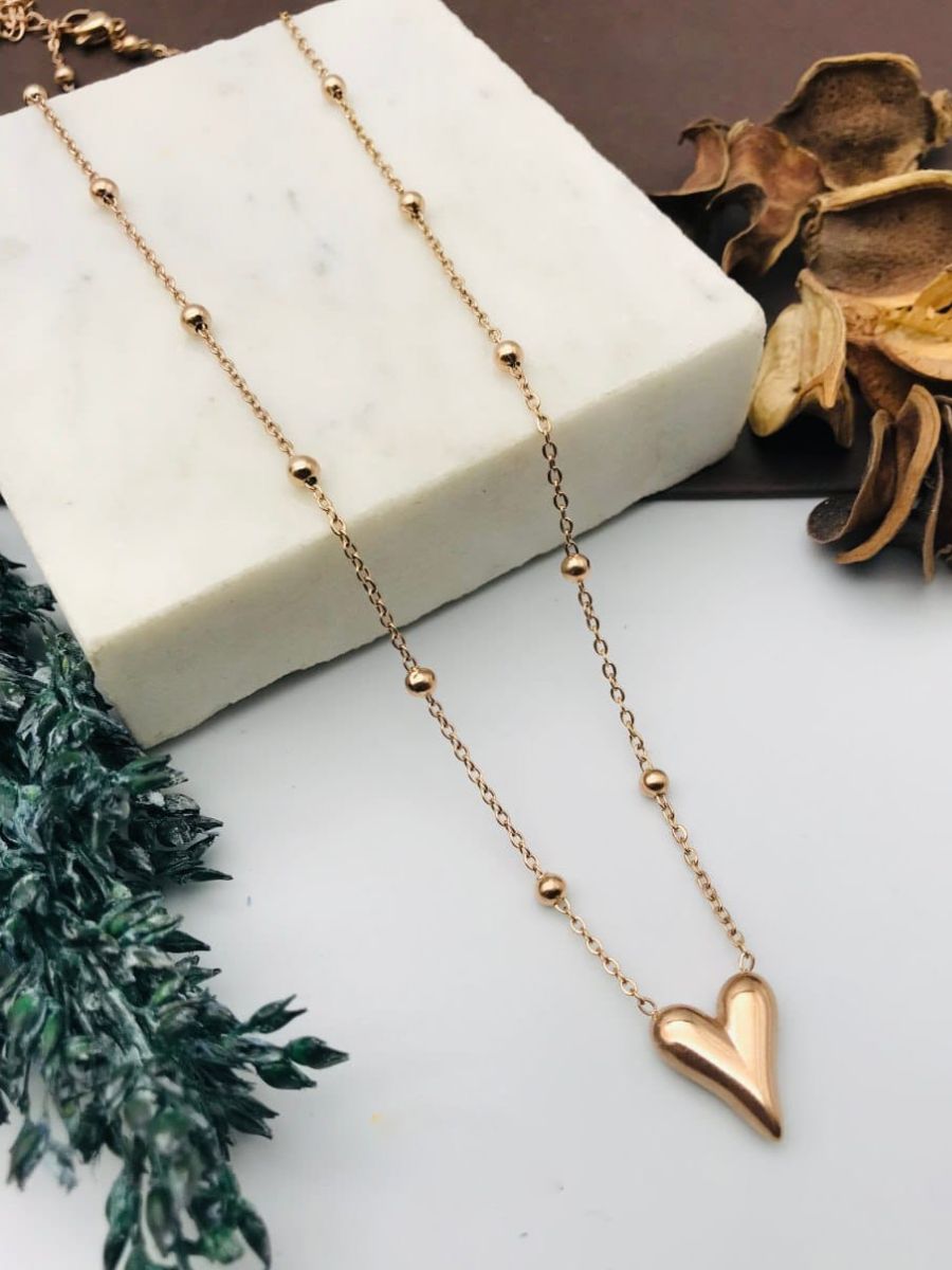 Buy Rose Gold Plated Heart Pendant Round Beads Chain Necklace Online - TheJewelbox