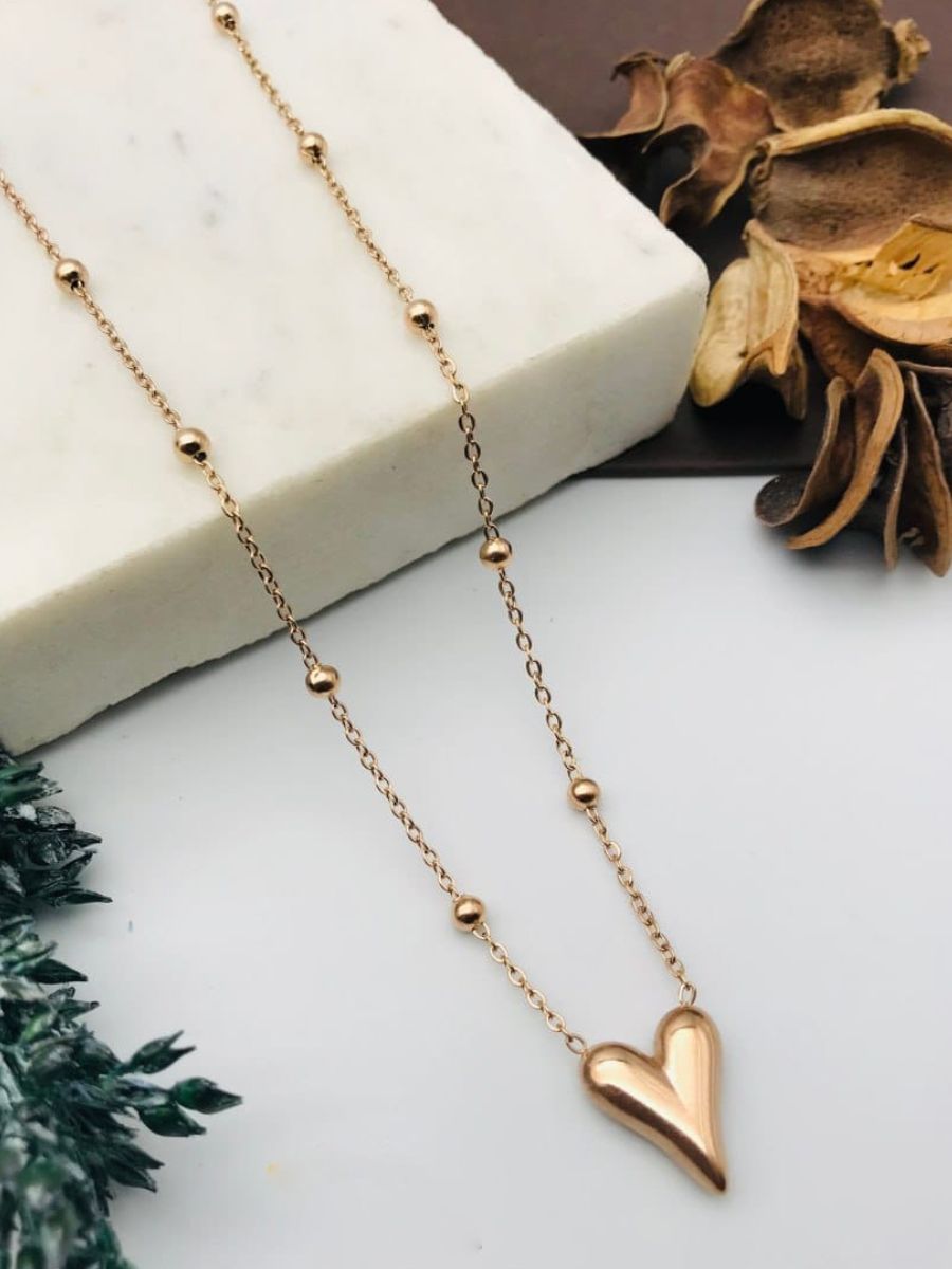 Rose Gold Plated Heart Pendant Round Beads Chain Necklace