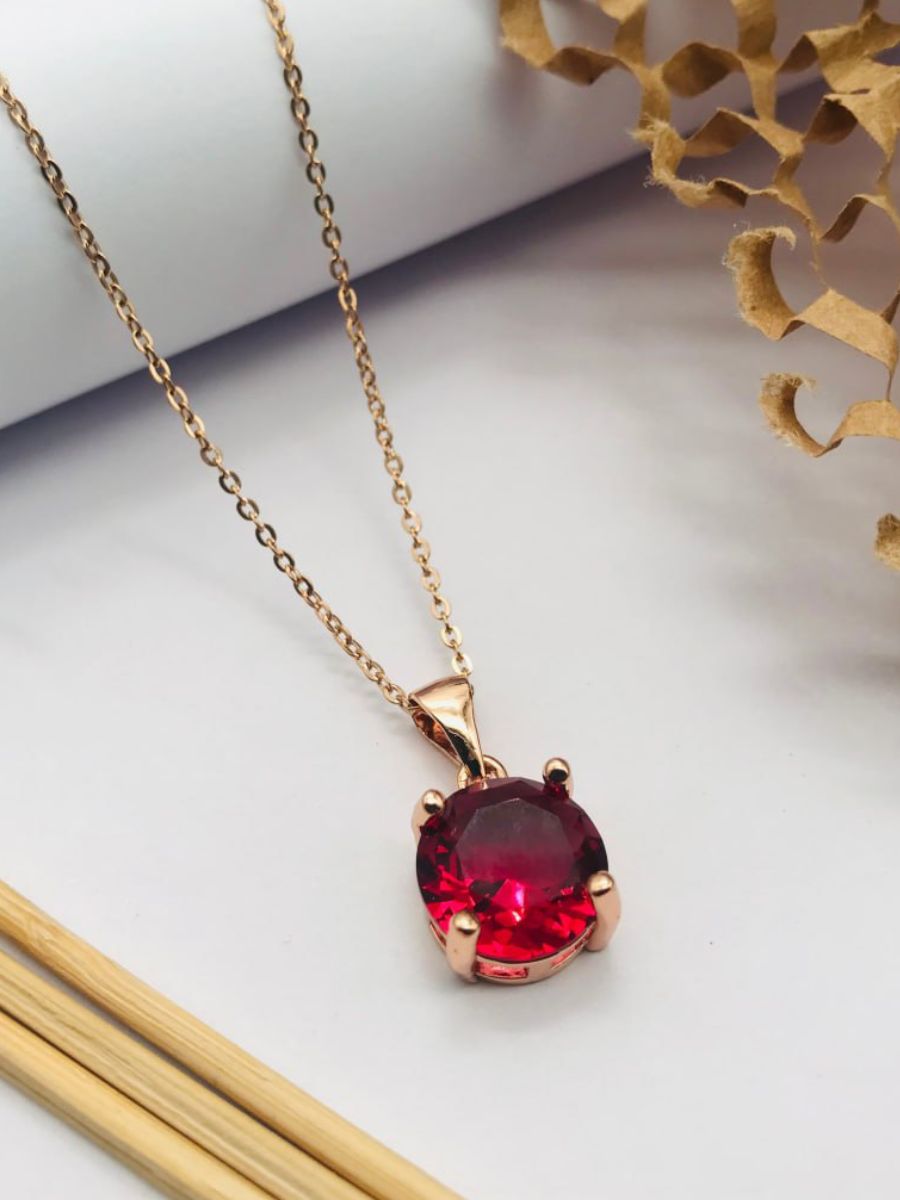 Round Ruby Red Crystal Pendant Rose Gold Chain Necklace