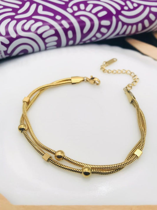 Buy Round and Square Beaded Double Chain Golden Bracelet - TheJewelbox