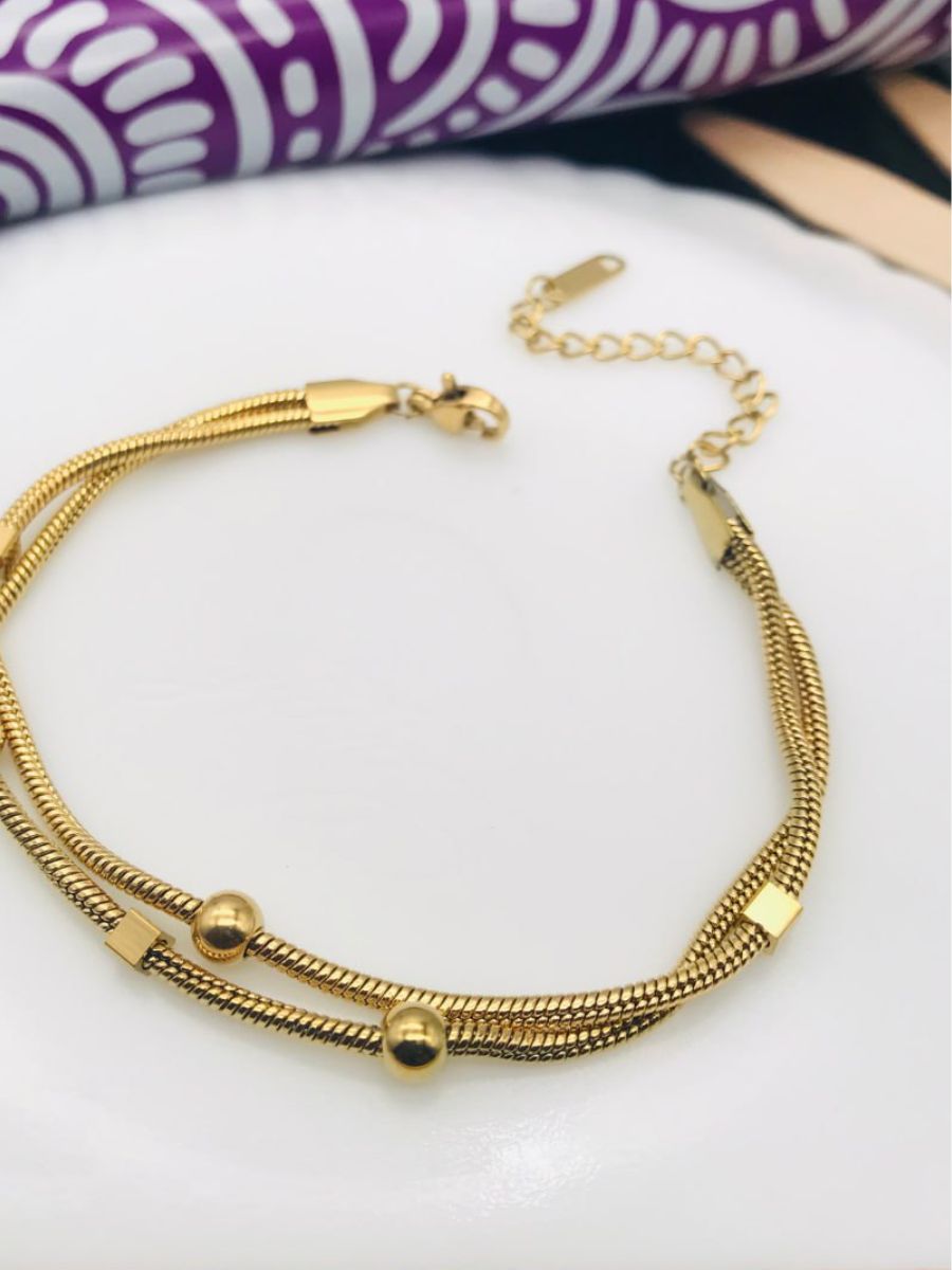 Round and Square Beaded Double Chain Golden Bracelet