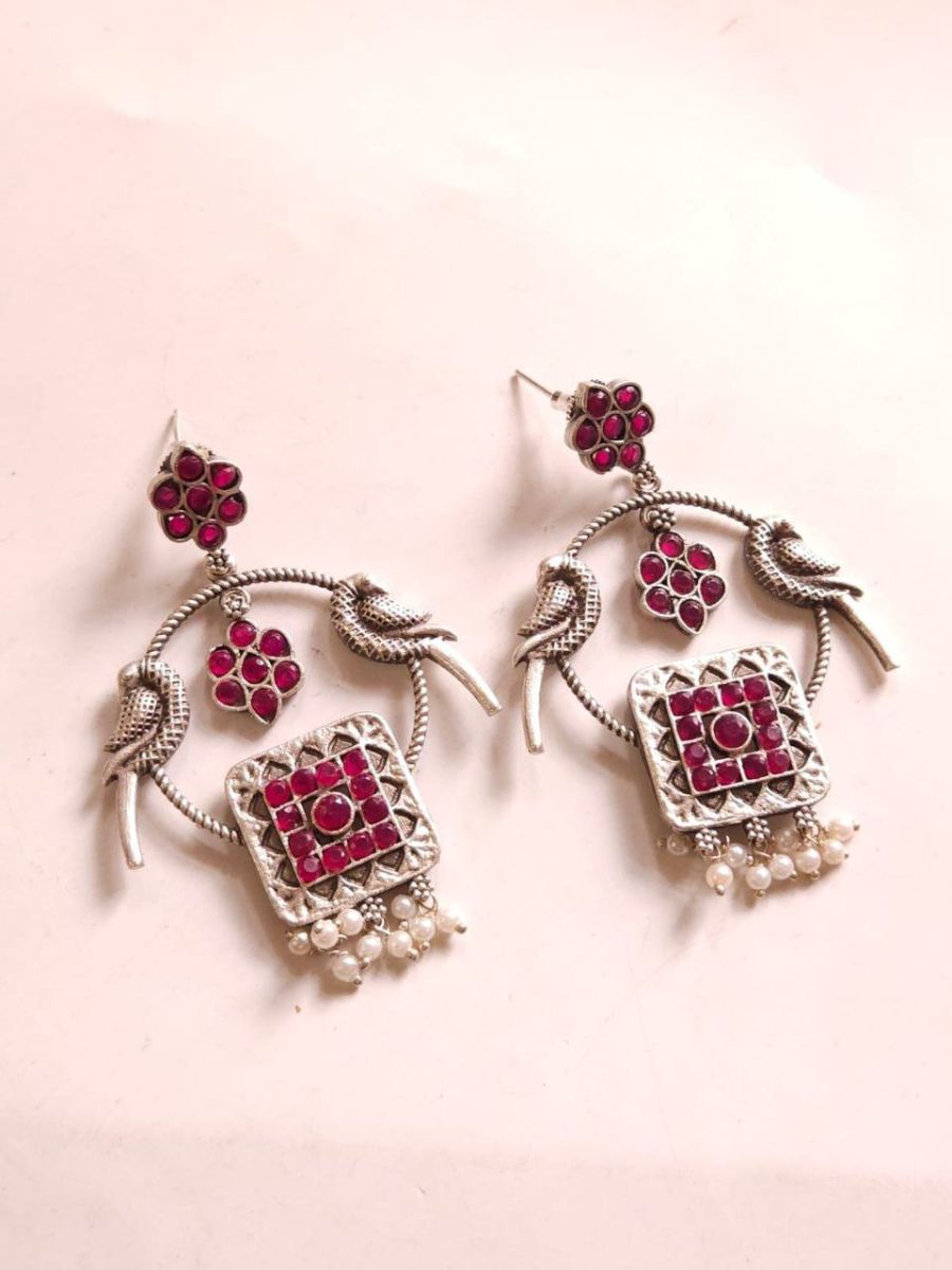 Buy Ruby Red German Silver Oxidised Chandbali Earrings - TheJewelbox