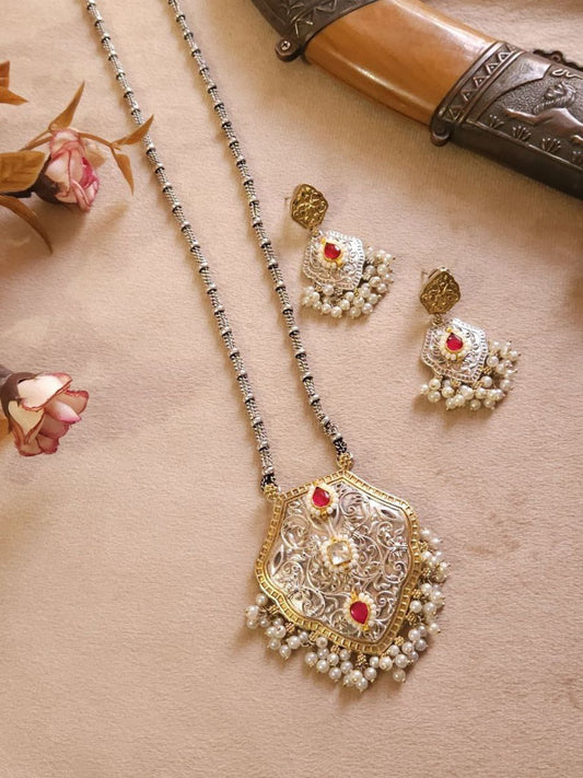 Buy Ruby Red Kundan Studded Silver Lookalike Long Necklace Set - TheJewelbox