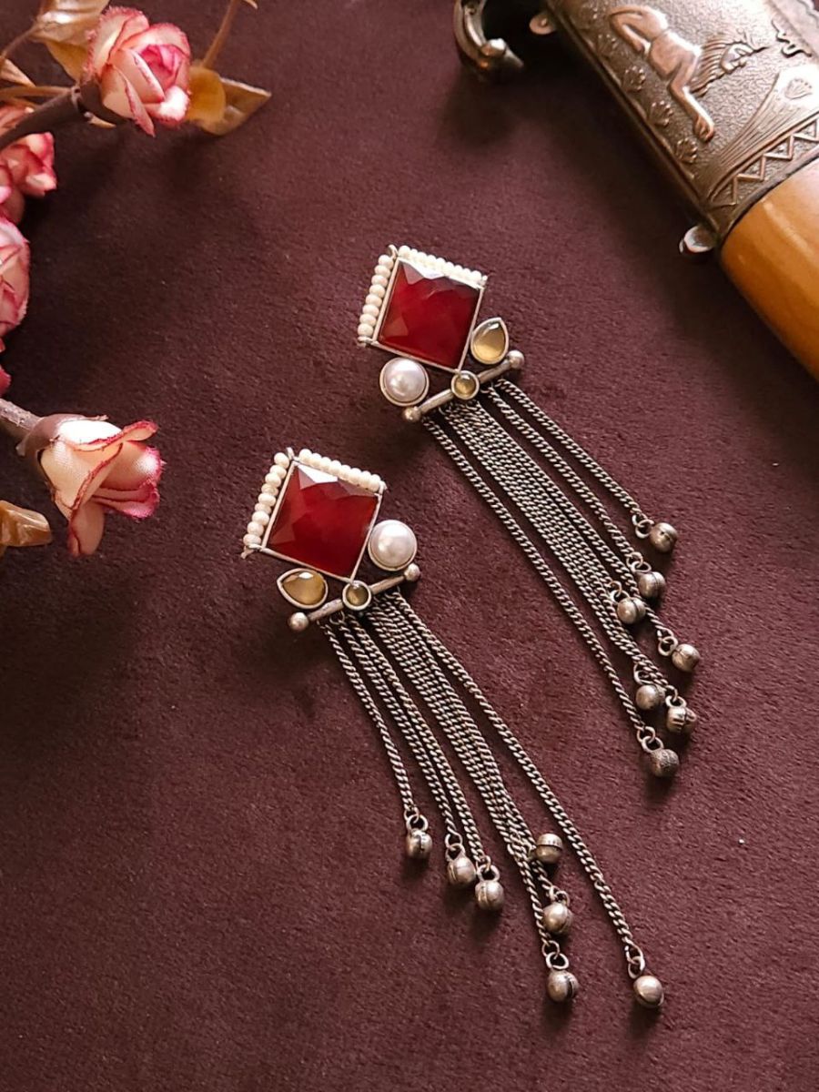 Buy Ruby Red Monalisa Stone Long Oxidised Silver Earrings Online - TheJewelbox