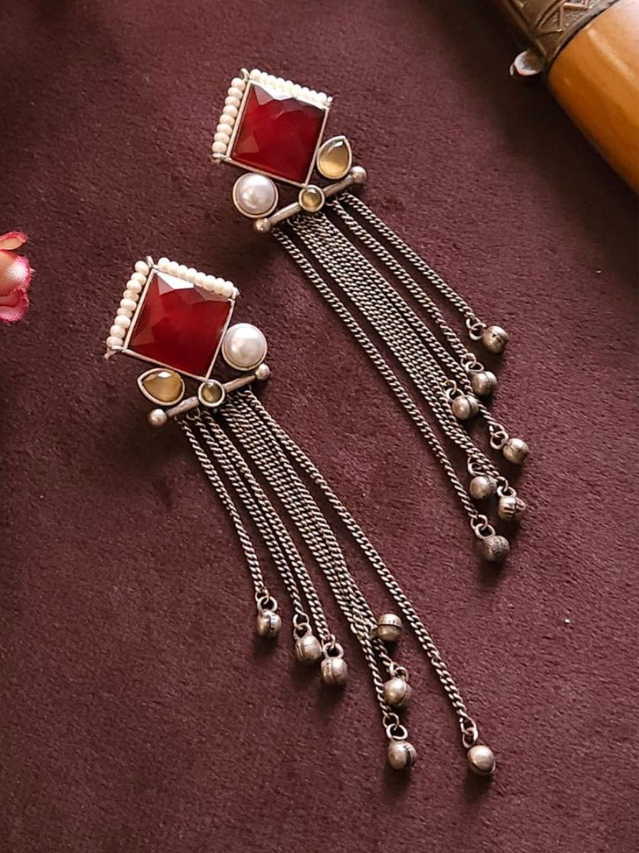 Ruby Red Monalisa Stone Long Oxidised Silver Earrings