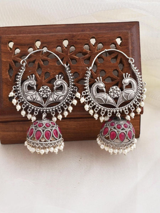 Buy Ruby Red Peacock Oxidised Silver Chandbali Jhumki Earrings Online - TheJewelbox
