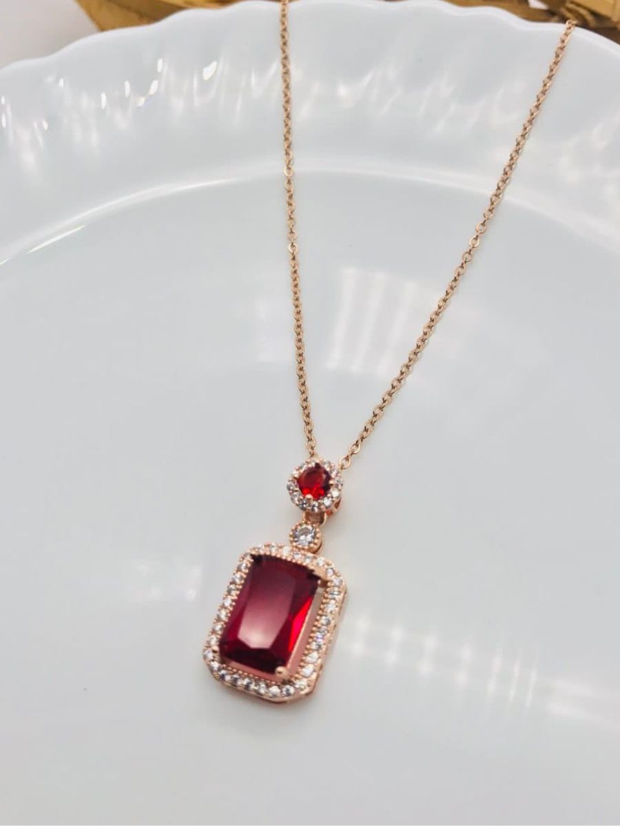 Ruby Red Rectangular Pendant Rose Gold Chain NecklaceRuby Red Rectangular Pendant Rose Gold Chain Necklace