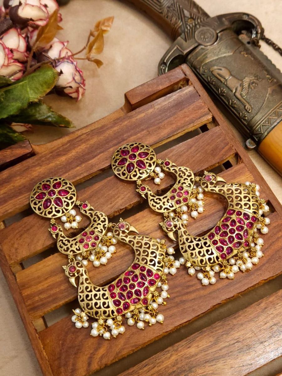 Buy Ruby Red Stone Antique Golden Plated Chandbali Earrings Online - TheJewelbox