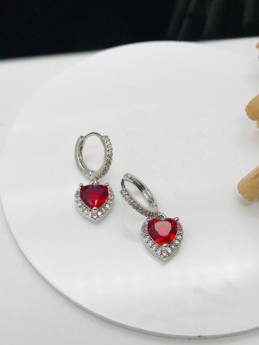 Buy Ruby Red Stone Heart Hanging Silver Huggie Hoop Earrings Online - TheJewelbox