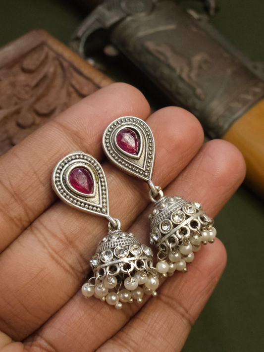 Ruby Red Stone Studded Oxidised Silver Small Jhumka Earrings