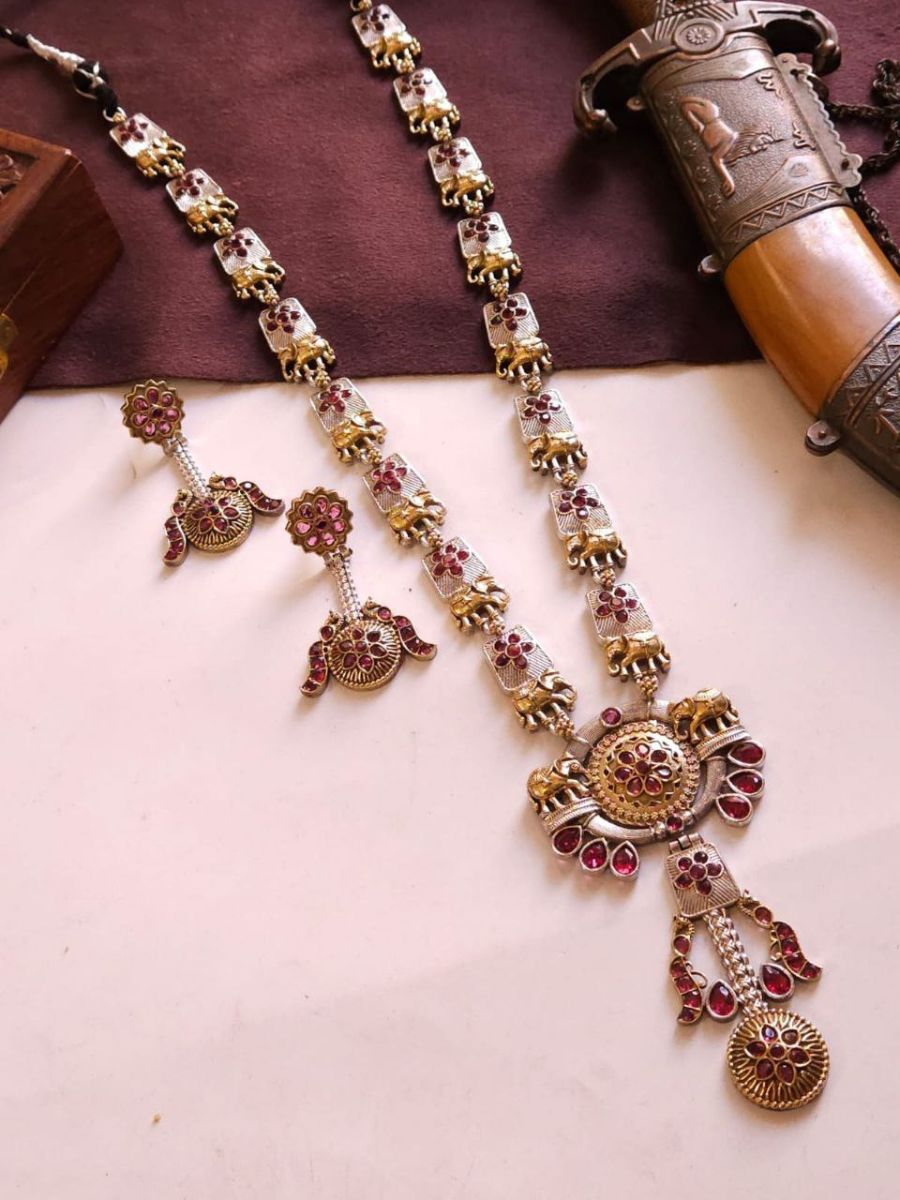 Buy Ruby Red Stones Dual Tone Oxidised Long Necklace Set - TheJewelbox