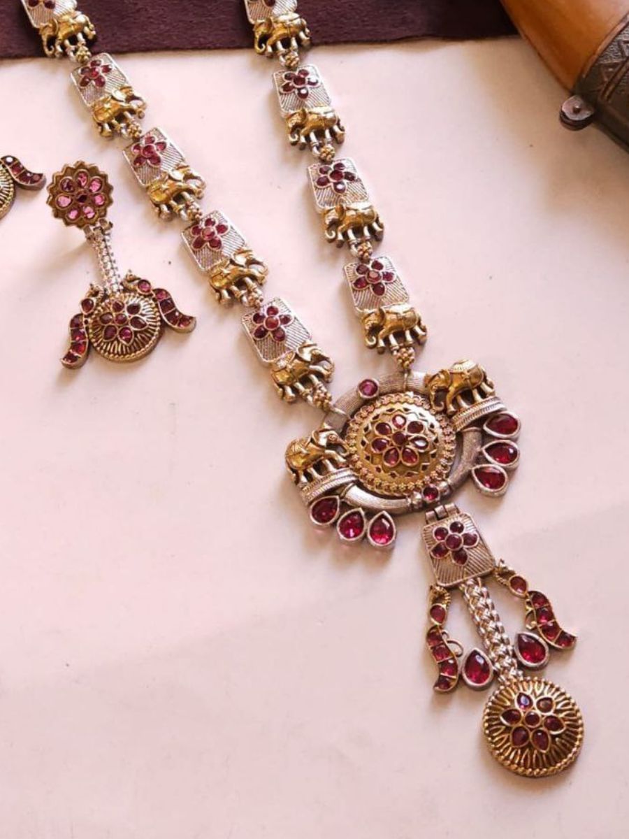 Ruby Red Stones Dual Tone Oxidised Long Necklace Set