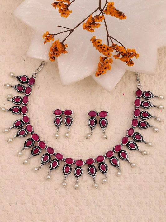 Buy Ruby Red Stones Leaf Pattern Oxidised Choker Necklace Set Online - TheJewelbox