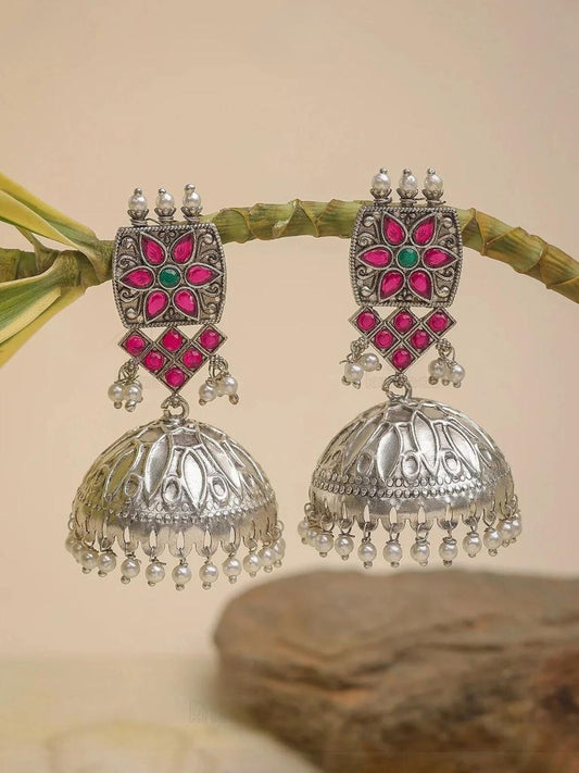 Buy Ruby Red Stones Oxidised Silver Jhumki Earrings Online - TheJewelbox