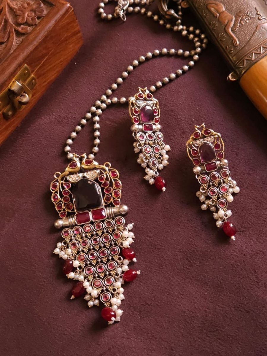 Buy Ruby Red Stones Peacock Pendant Oxidised Long Necklace Set - TheJewelbox