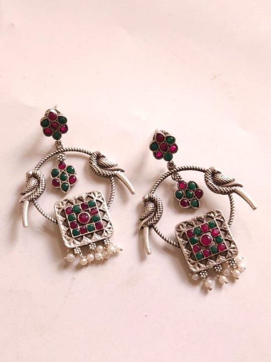 Buy Ruby Red and Green Oxidised Silver Chandbali Earrings - TheJewelbox