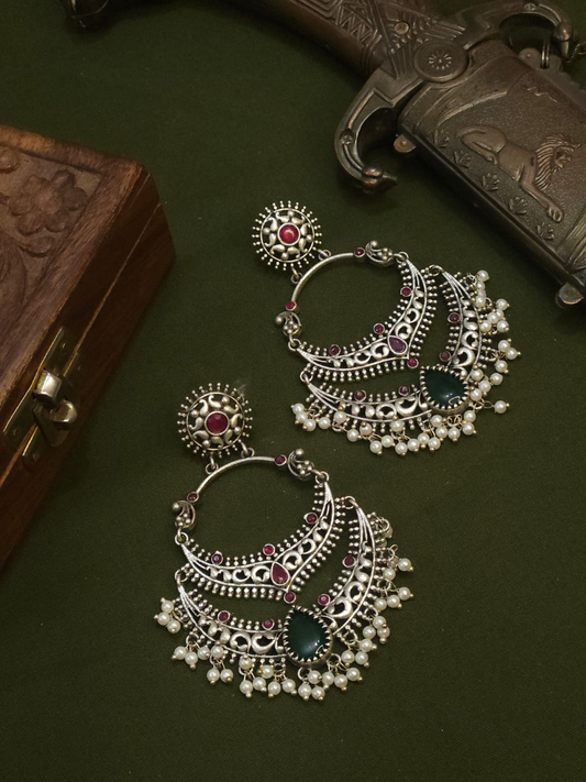 BUY Ruby Red and Green Stone German Silver Oxidised Chandbali Earrings Online - TheJewelbox