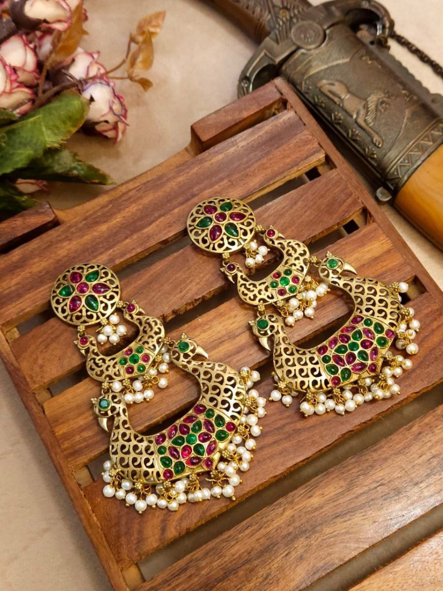 Buy Ruby Red and Green Stones Golden Plated Chandbali Earrings Online - TheJewelbox