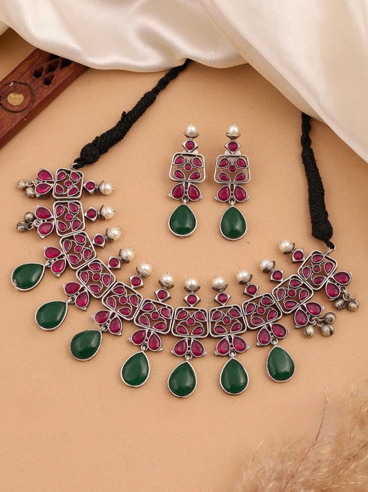 Buy Ruby Red and Green Stones Silver Lookalike Choker Necklace Set Online - TheJewelbox