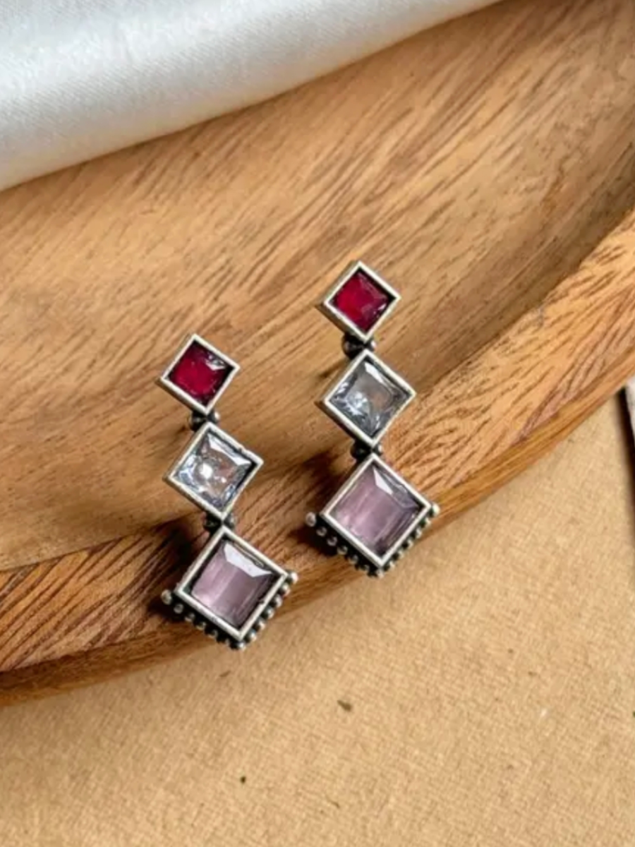 Ruby Red and Pink Stone Oxidised Silver Drop Earrings