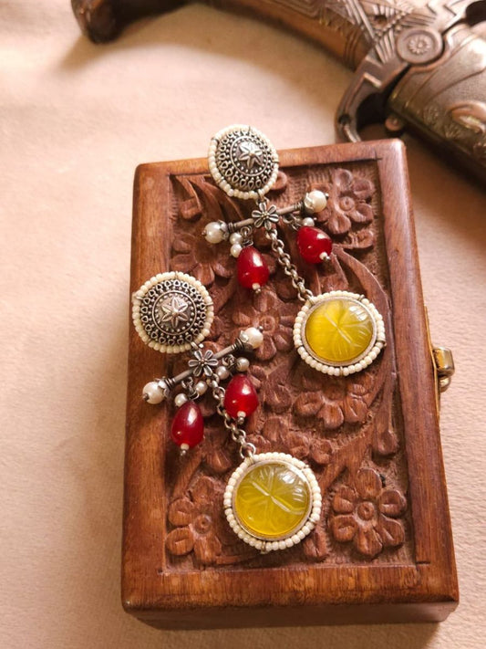Buy Ruby Red and Yellow Stone Oxidised Silver Drop Earrings Online - TheJewelbox