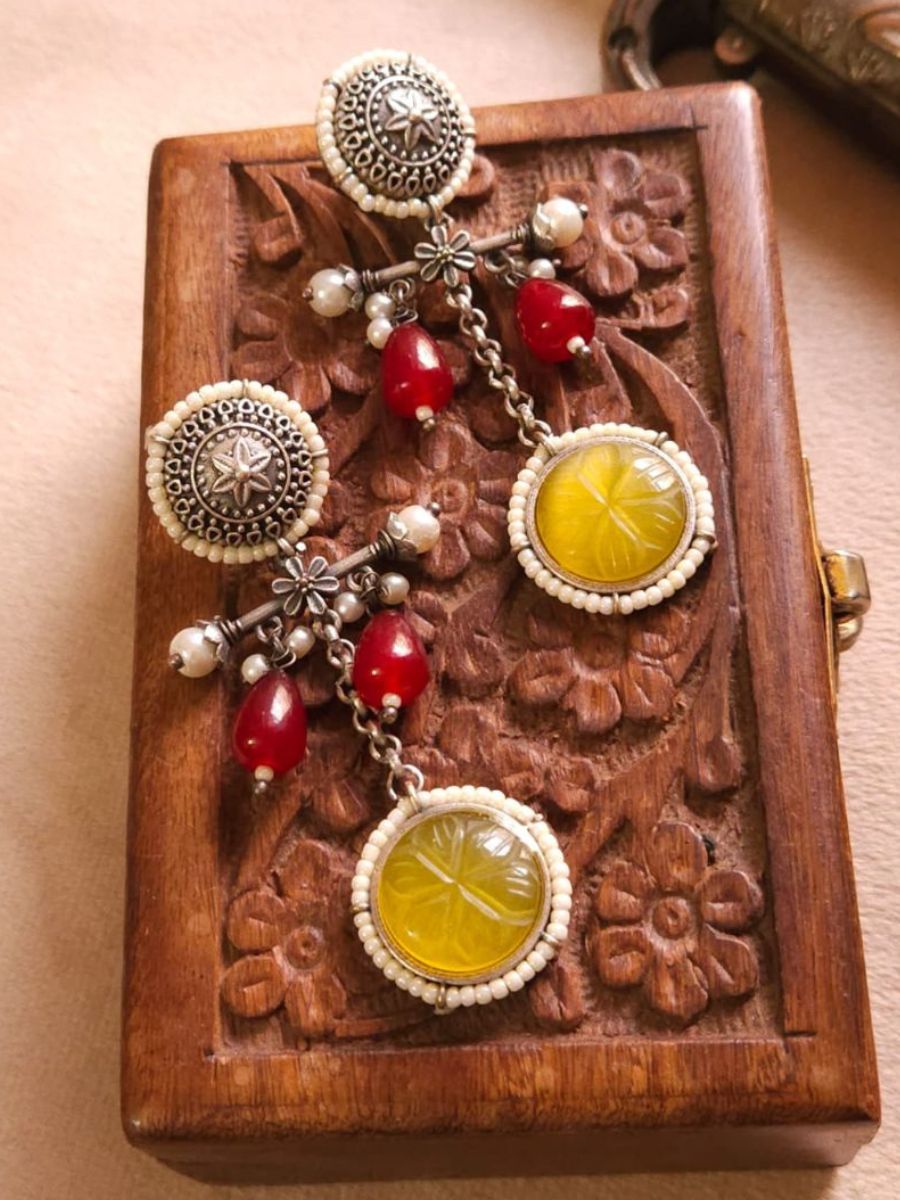 Ruby Red and Yellow Stone Oxidised Silver Drop Earrings