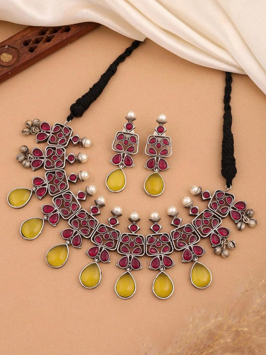 Buy Ruby Red and Yellow Stones Silver Lookalike Choker Necklace Set Online - TheJewelbox