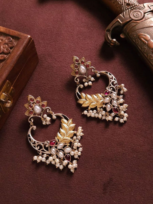 Buy Ruby and Pearl Oxidised Silver and Golden Chandbali Earrings - TheJewelbox