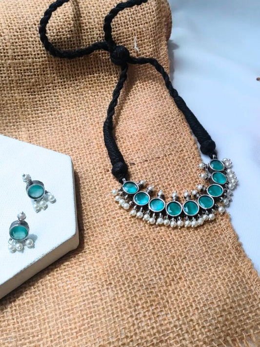 Buy Sea Green Round Stones Oxidised Silver Choker Necklace Set Online - TheJewelbox