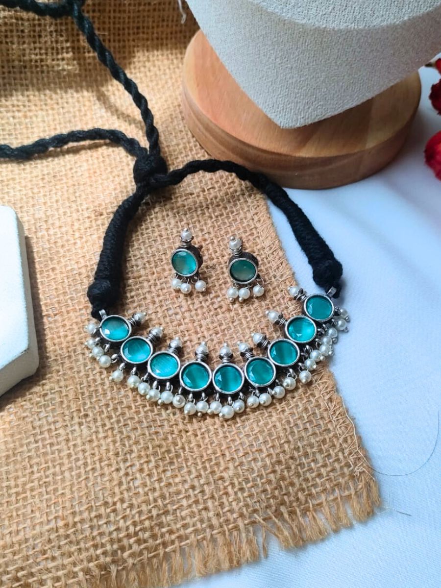 Sea Green Round Stones Oxidised Silver Choker Necklace Set