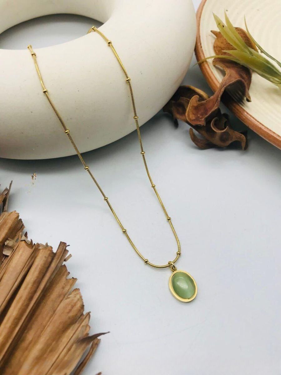 Buy Sea Green Stone Oval Pendant Gold Chain Necklace Online - TheJewelbox