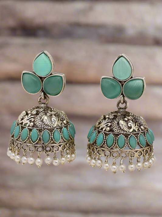 Buy Sea Green Stones Small Oxidised Silver Jhumki Earrings Online - TheJewelbox