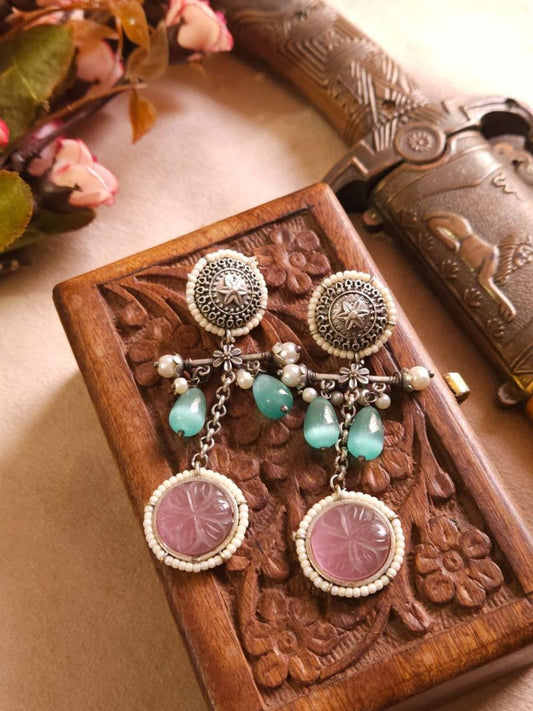 Buy Sea Green and Pink Stone Oxidised Silver Drop Earrings Online - TheJewelbox