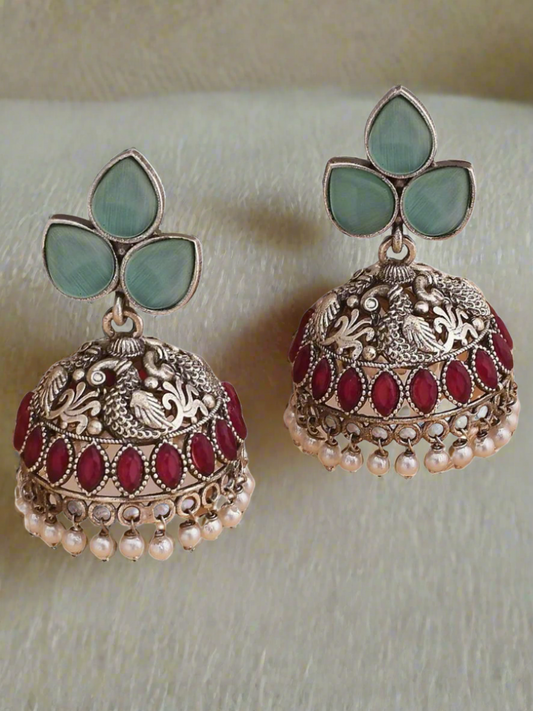 Sea Green and Ruby Red Small Oxidised Jhumki Earrings