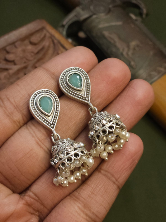 Buy Sky Blue Stone Studded Oxidised Silver Small Jhumka Earrings Online - TheJewelbox