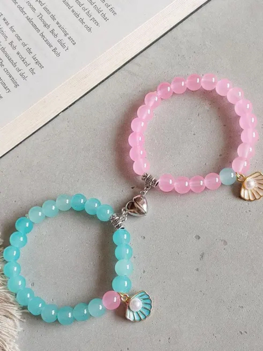 Sky Blue and Baby Pink Shell Charms Beaded Magnetic Bracelet