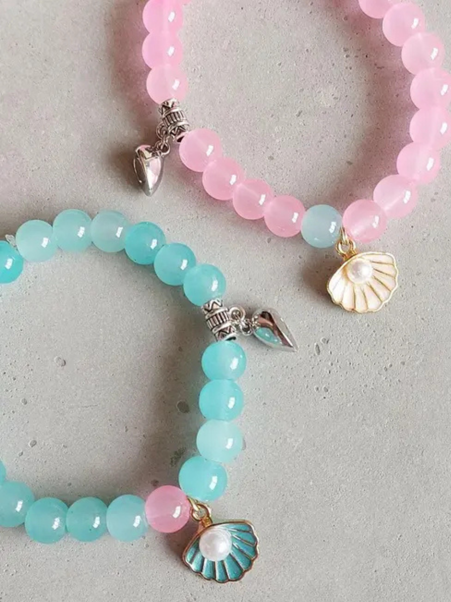 Sky Blue and Baby Pink Shell Charms Beaded Magnetic Bracelet