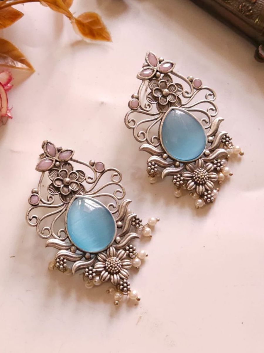 Sky Blue and Pink Stones Oxidised Silver Stud Earrings