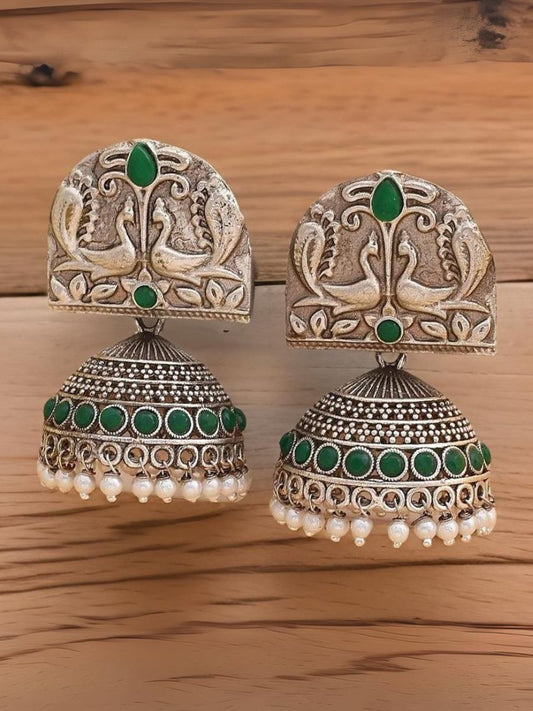 Buy Small Green Stones Oxidised Silver Jhumki Earrings Online - TheJewelbox