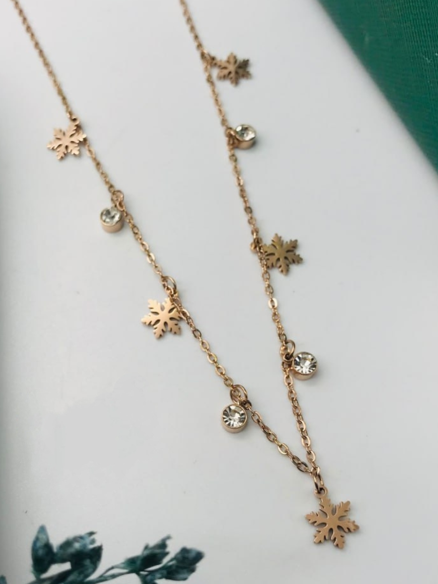 Snowflakes and Diamond Charms Rose Gold Chain Necklace