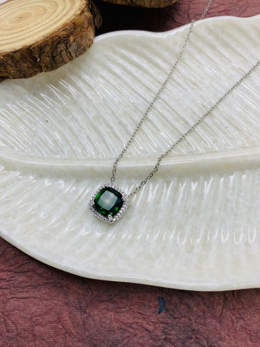 Buy Square Green Emerald Pendant Silver Chain Necklace - TheJewelbox