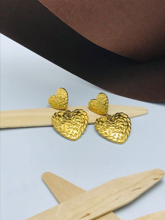 Buy Stylish Gold Plated Two of Textured Hearts Drop Earrings - TheJewelbox