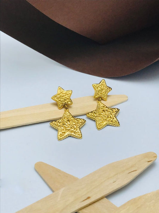 Buy Stylish Gold Plated Two of Textured Stars Drop Earrings - TheJewelbox