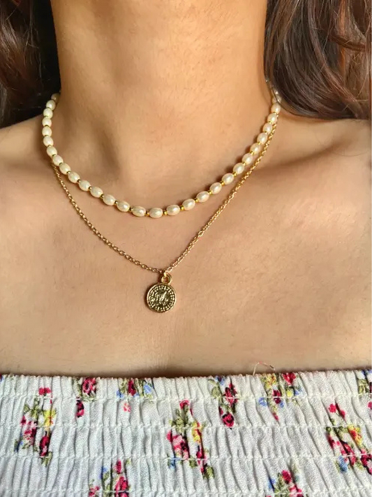 Stylish Golden Coin Charm and Pearl Layer Necklace