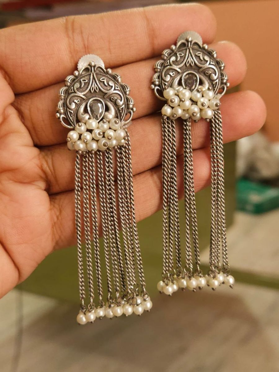 Stylish Oxidised Silver Long Chain Drop Pearl Earrings