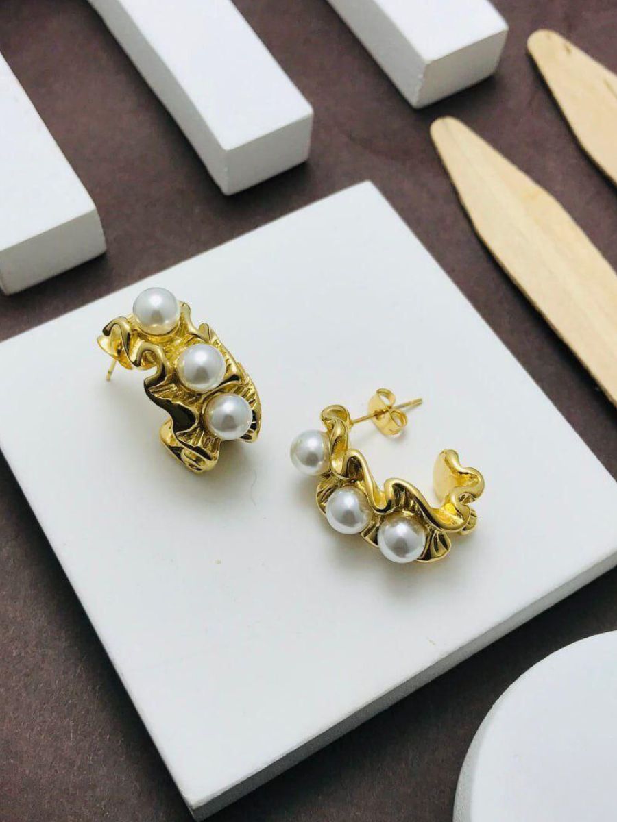 Stylish Pearl Studded Golden Half Hoop Earrings