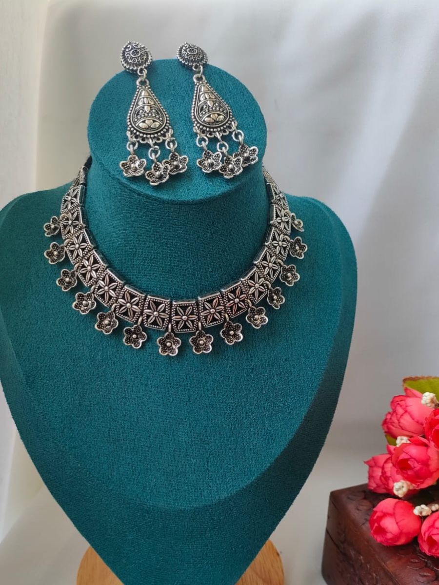 Traditional Floral Oxidised Silver Choker Necklace Set