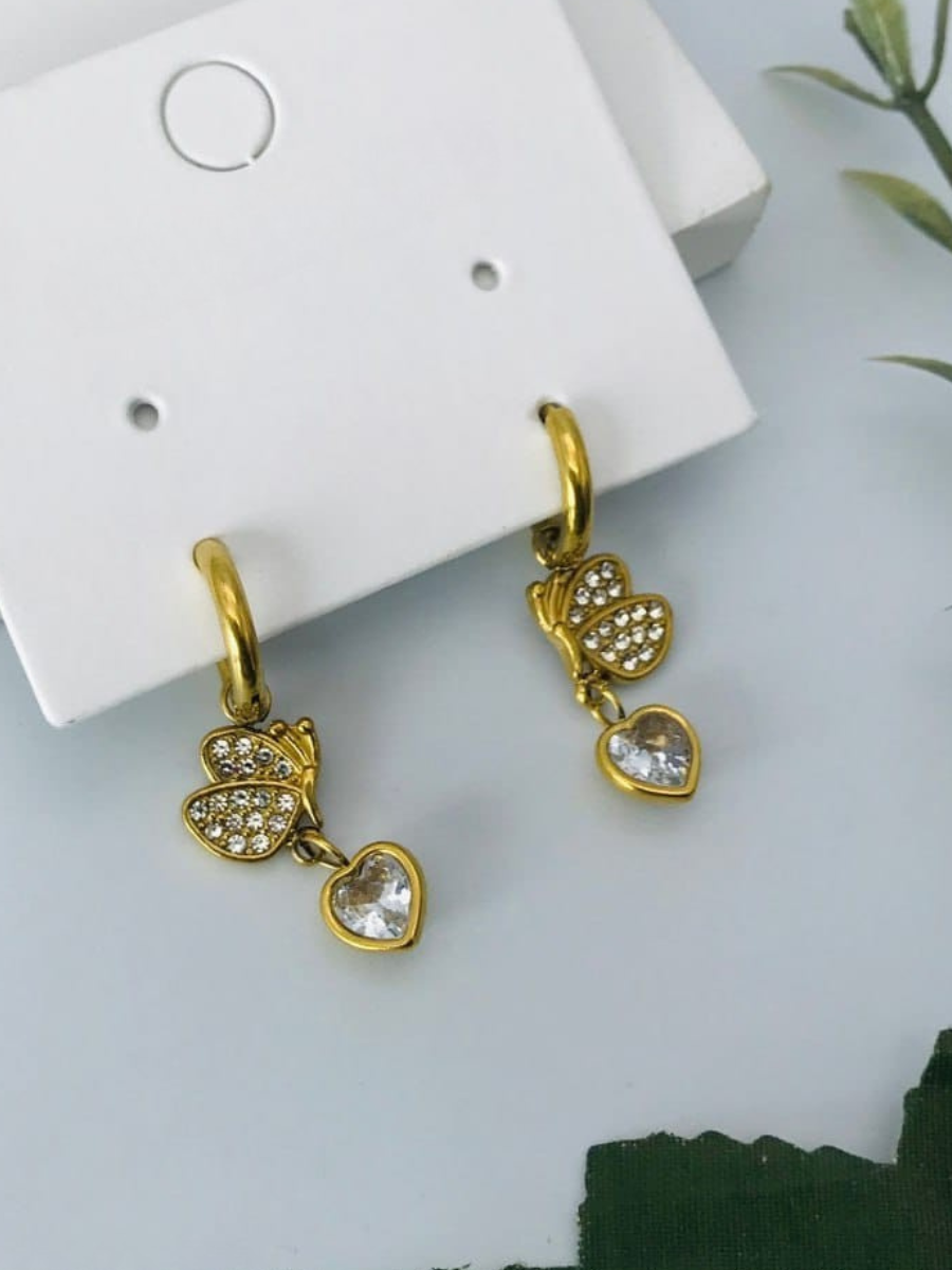 Trendy Butterfly and Heart Drop Golden Huggie Hoop Earrings