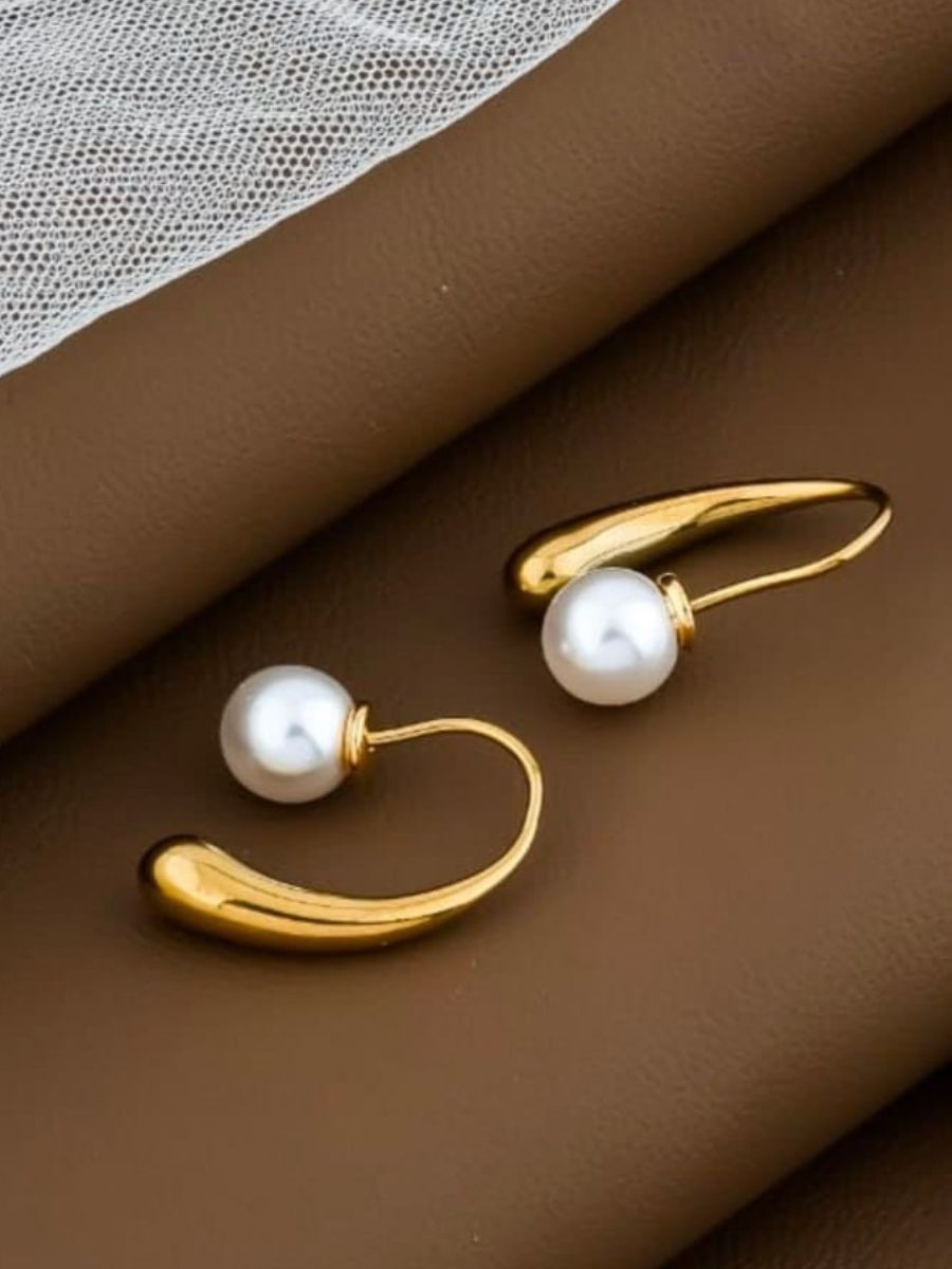Trendy Gold Plated White Pearl Hook Earrings
